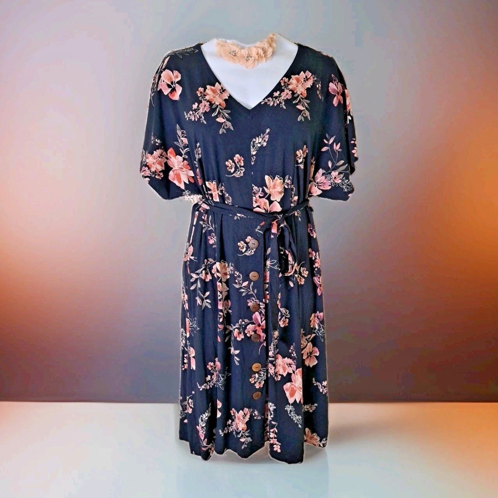 J. Jill Midi Dress L Petite Navy Blue Floral Button Front Belted Pockets Career